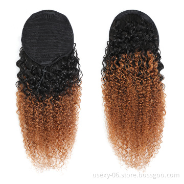 Best Quality Curly Ponytail Human Hair Wholesale Virgin Brazilian Ombre Color 30 99J Drawstring Ponytail Hair Extension